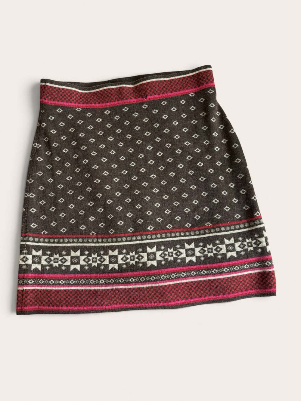 Krimson Klover Wool Blend Mini Skirt Size M Fair Isle Border Print Brown Red